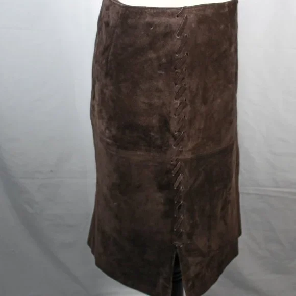 Vintage 1990s Chocolate Brown 100% Leather Sueded Skirt with Side Stitch - Picture 3 of 14